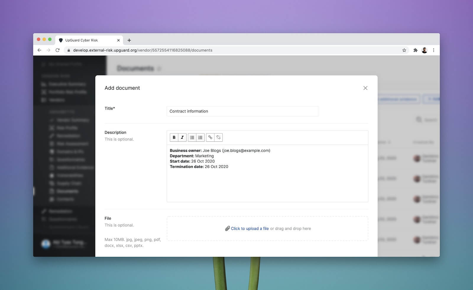 Create notes inside the UpGuard platform