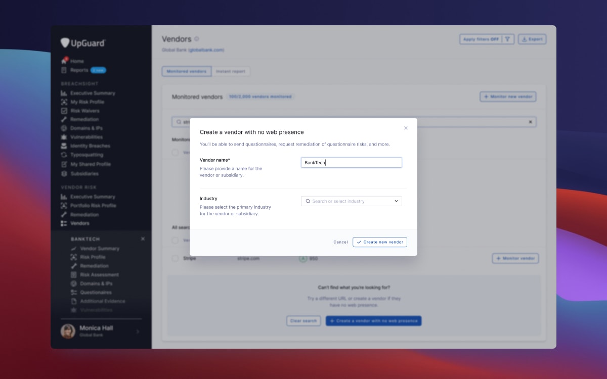 Create vendor with no web presence