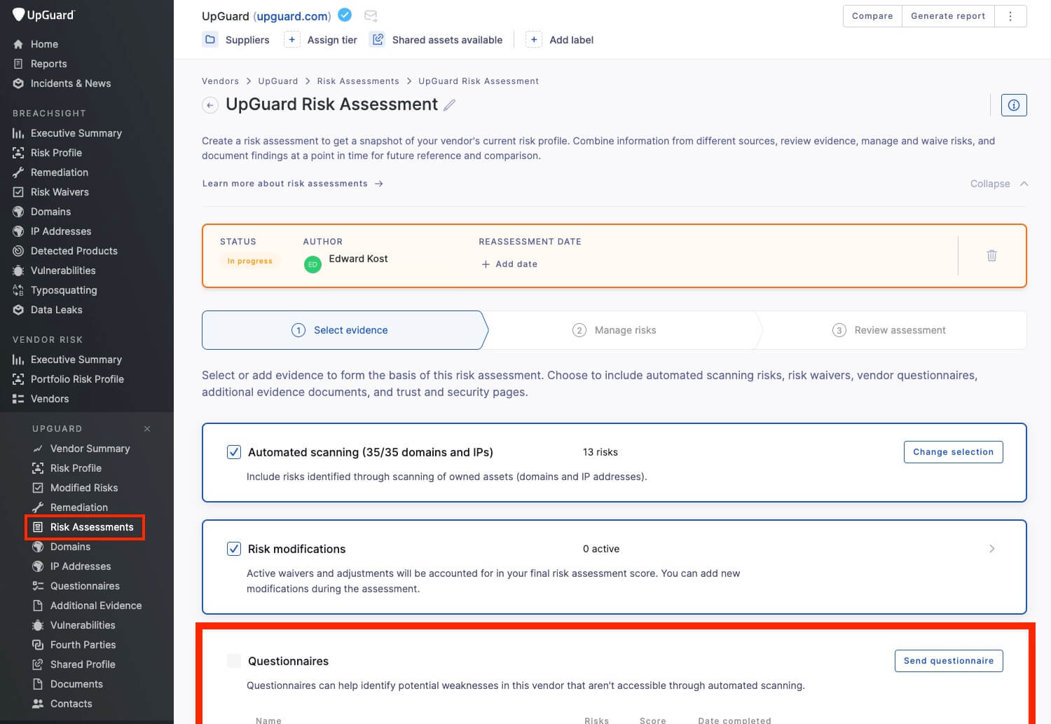 Security questionnaires are a component of risk assessments as indicated in the VRM workflow on the UpGuard platform.