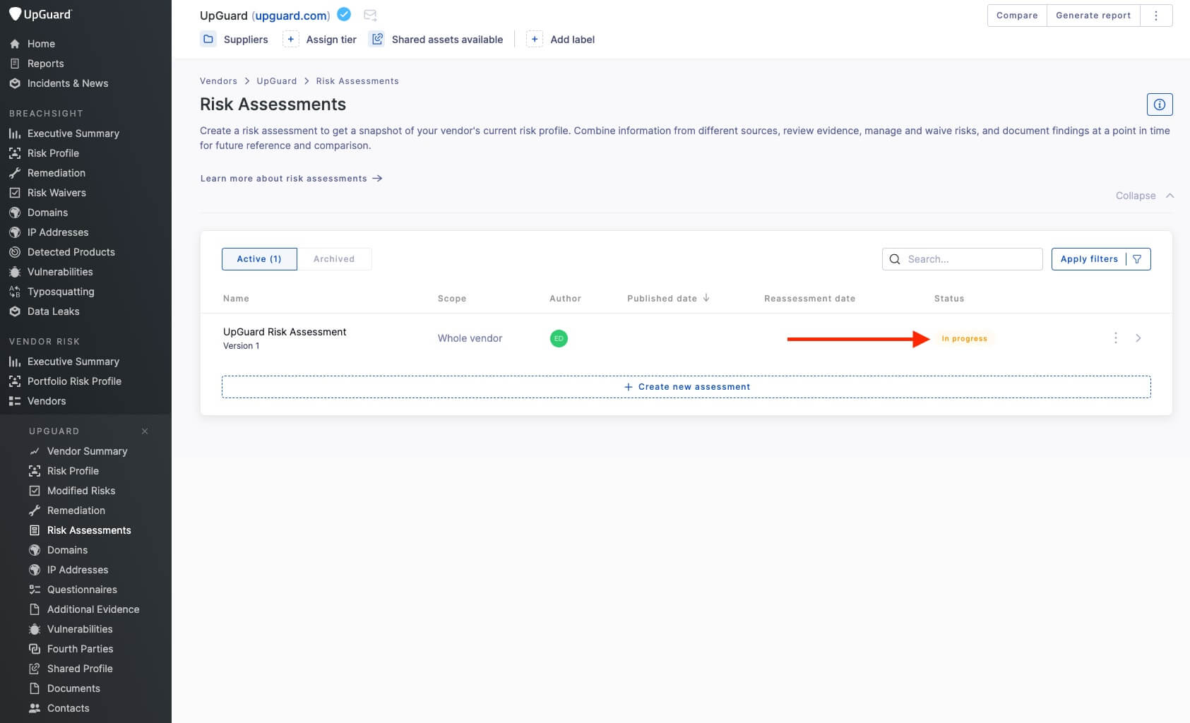 Risk assessment progress tracking on the UpGuard platform.