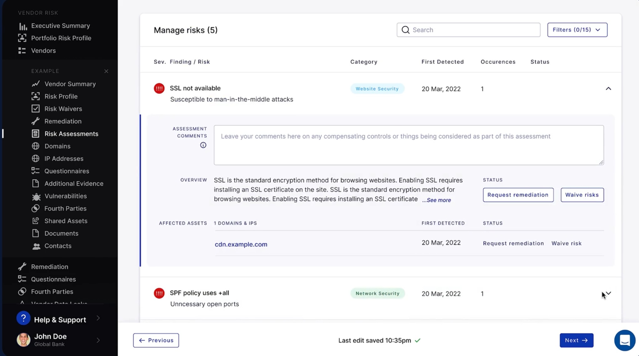 Vendor risks detected through automatic scanning methods on the UpGuard platform.