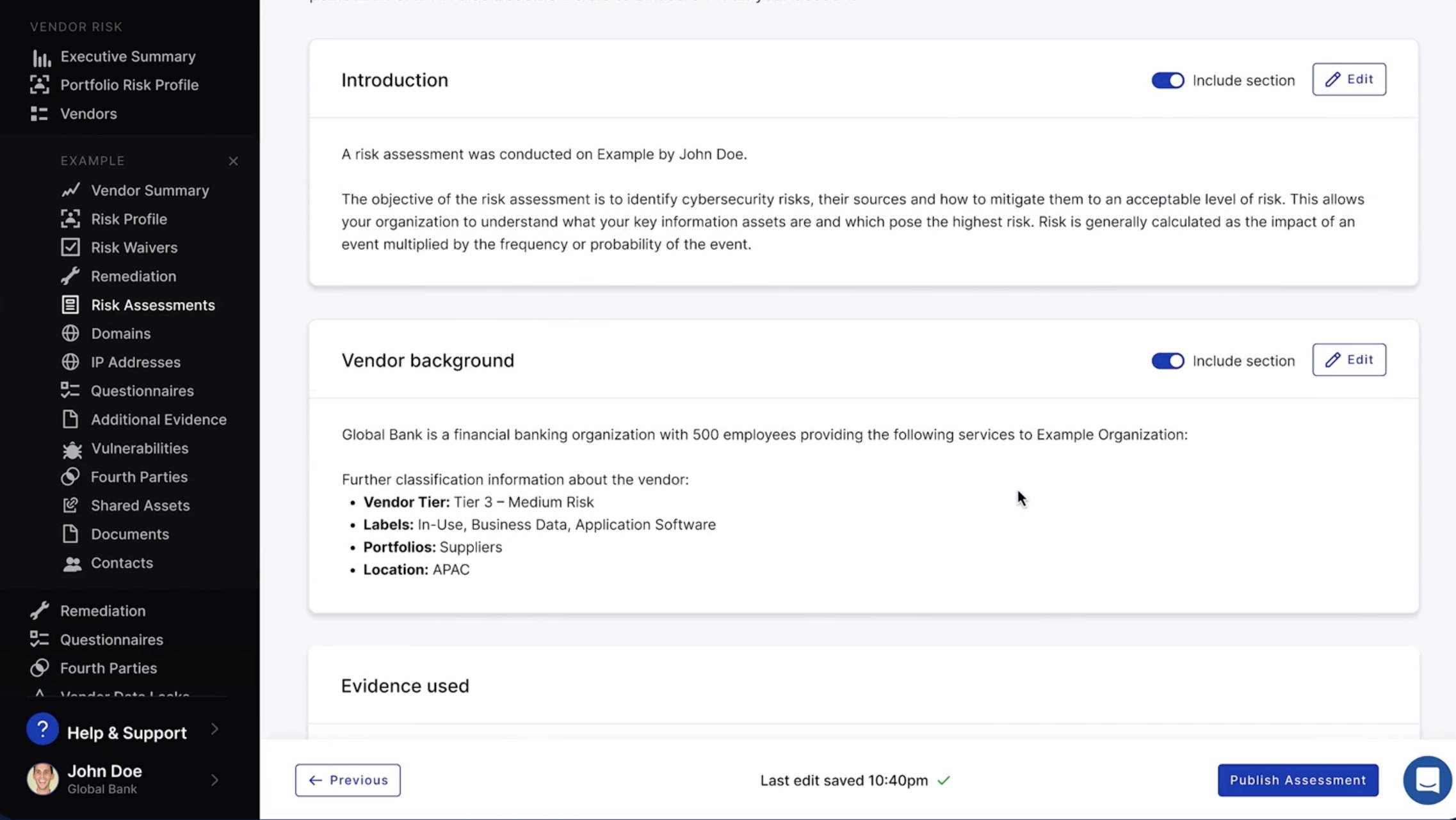 Auto-generated risk assessment template on the UpGuard platform.