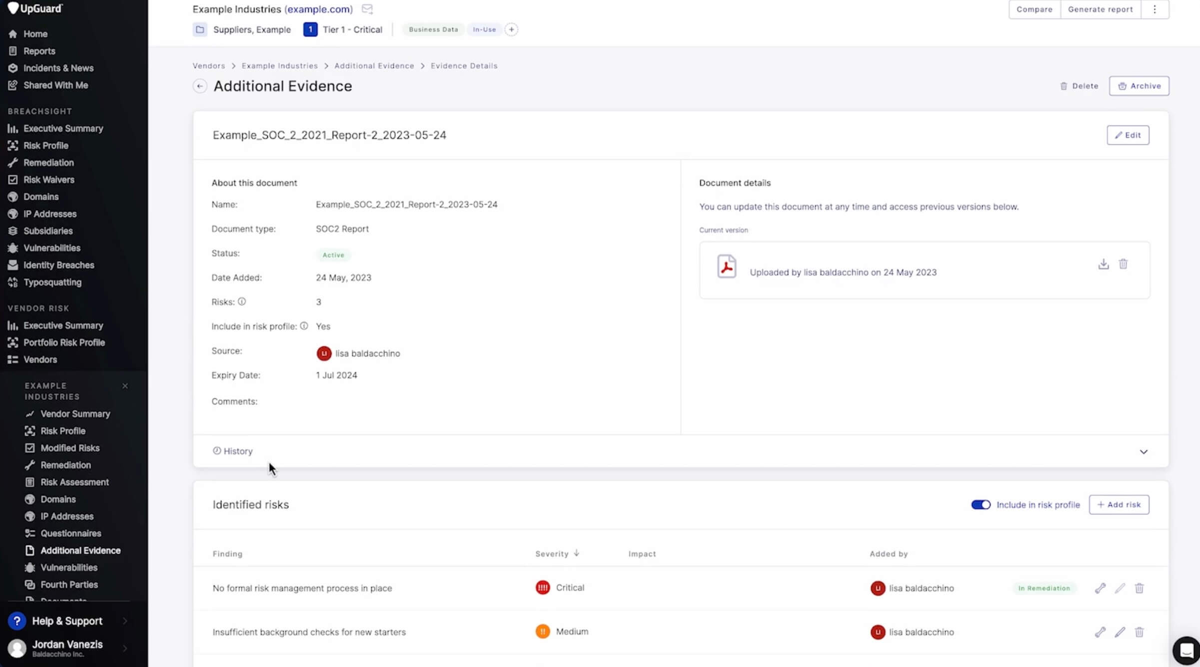 additional evidence workflow in the UpGuard platform