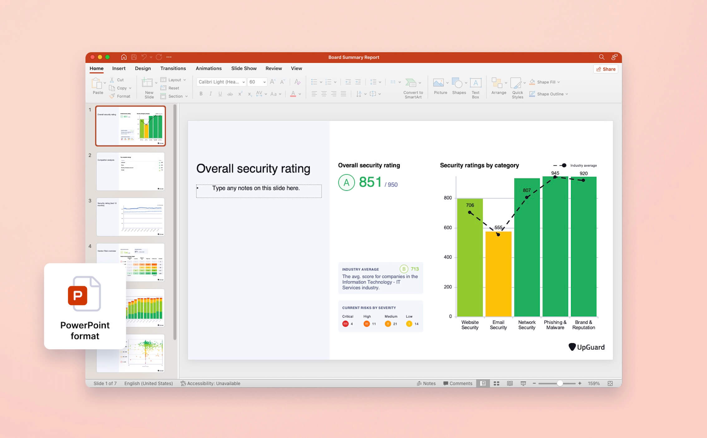 UpGuard's board summary reports can be exported as an editable PowerPoint template.