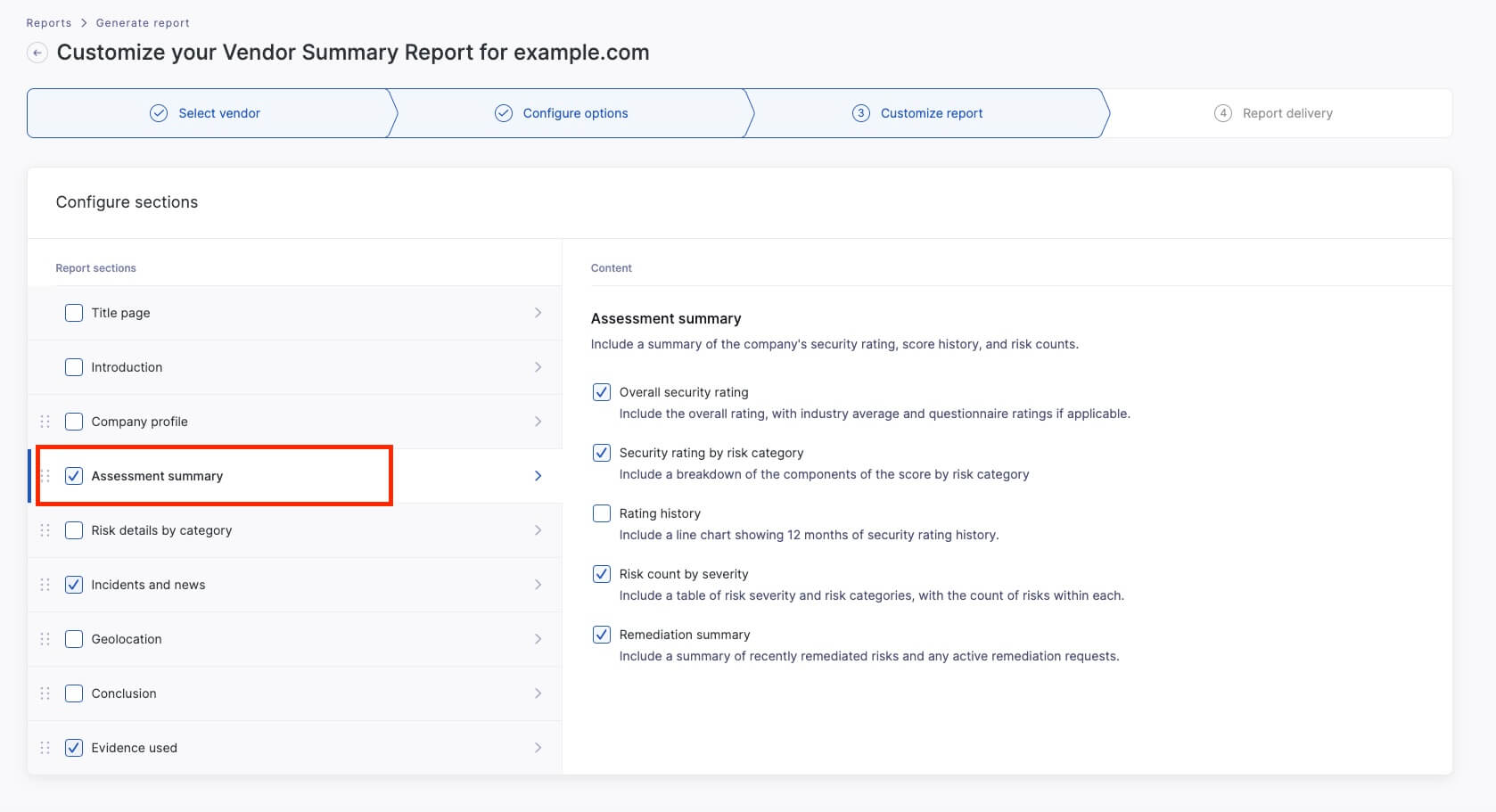 Assessment summary category in UpGuard’s Vendor Summary report.