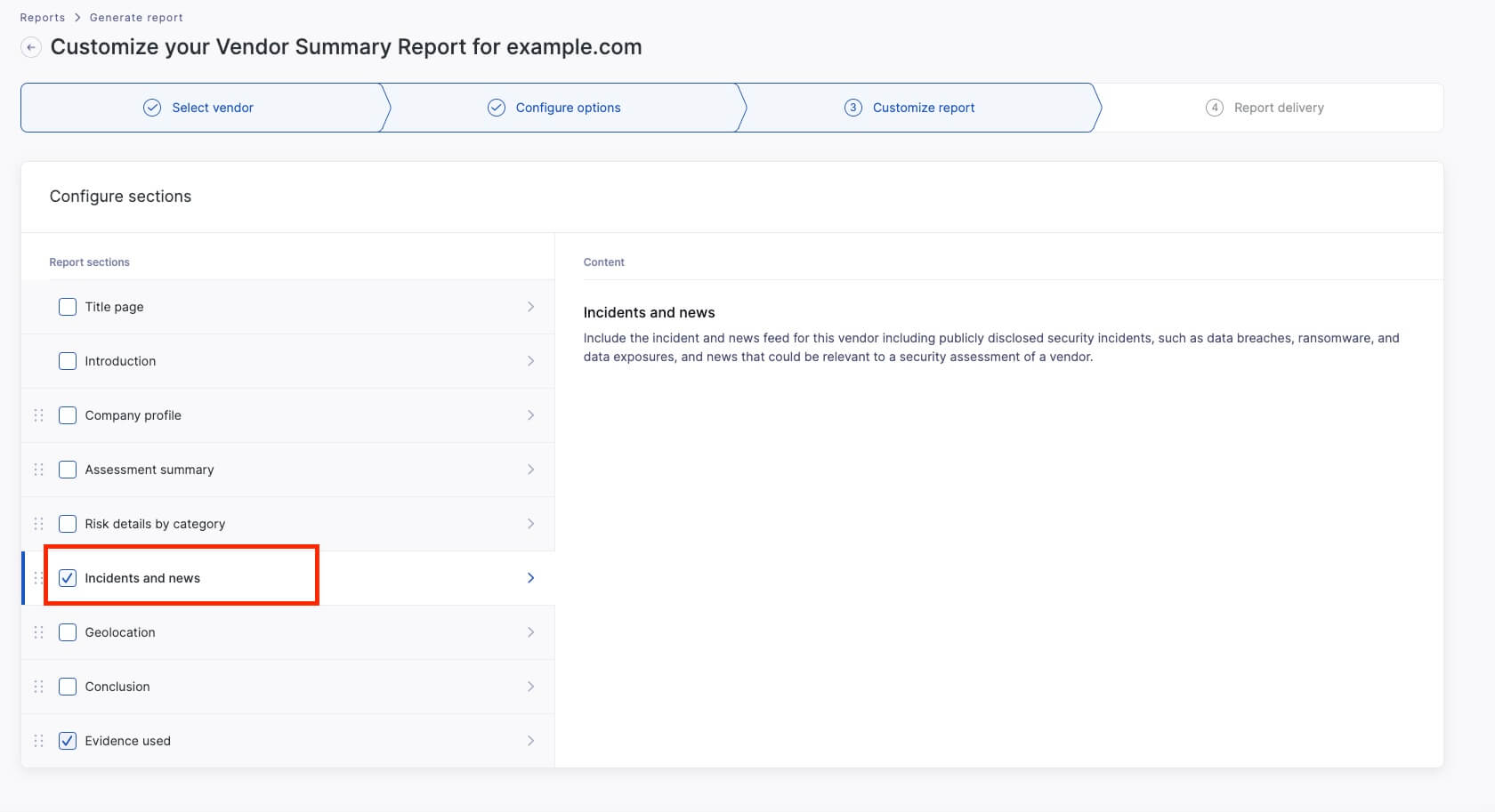 The incident and news section of UpGuard’s vendor risk summary report template pulls publically disclosed incidents associated with the vendor in focus.