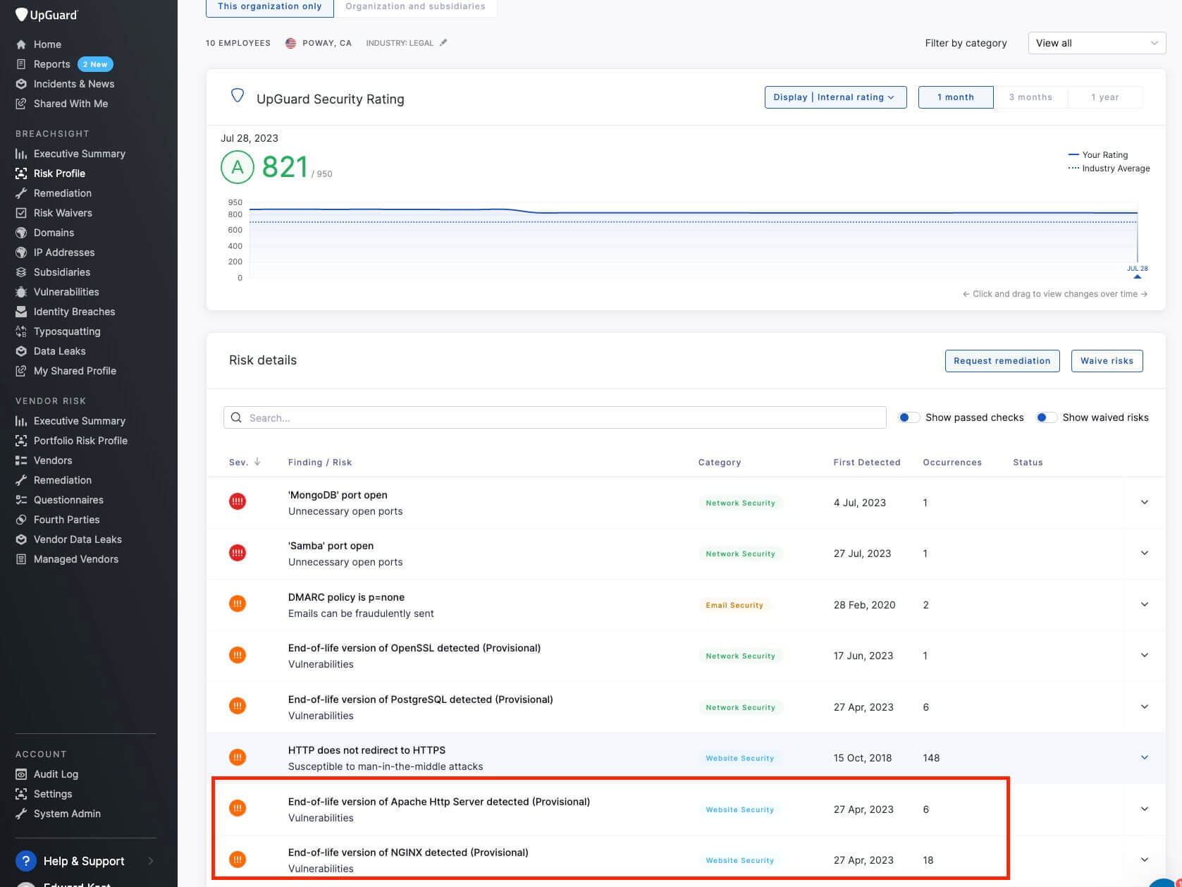 End-of-life server risk detection on the UpGuard platform.