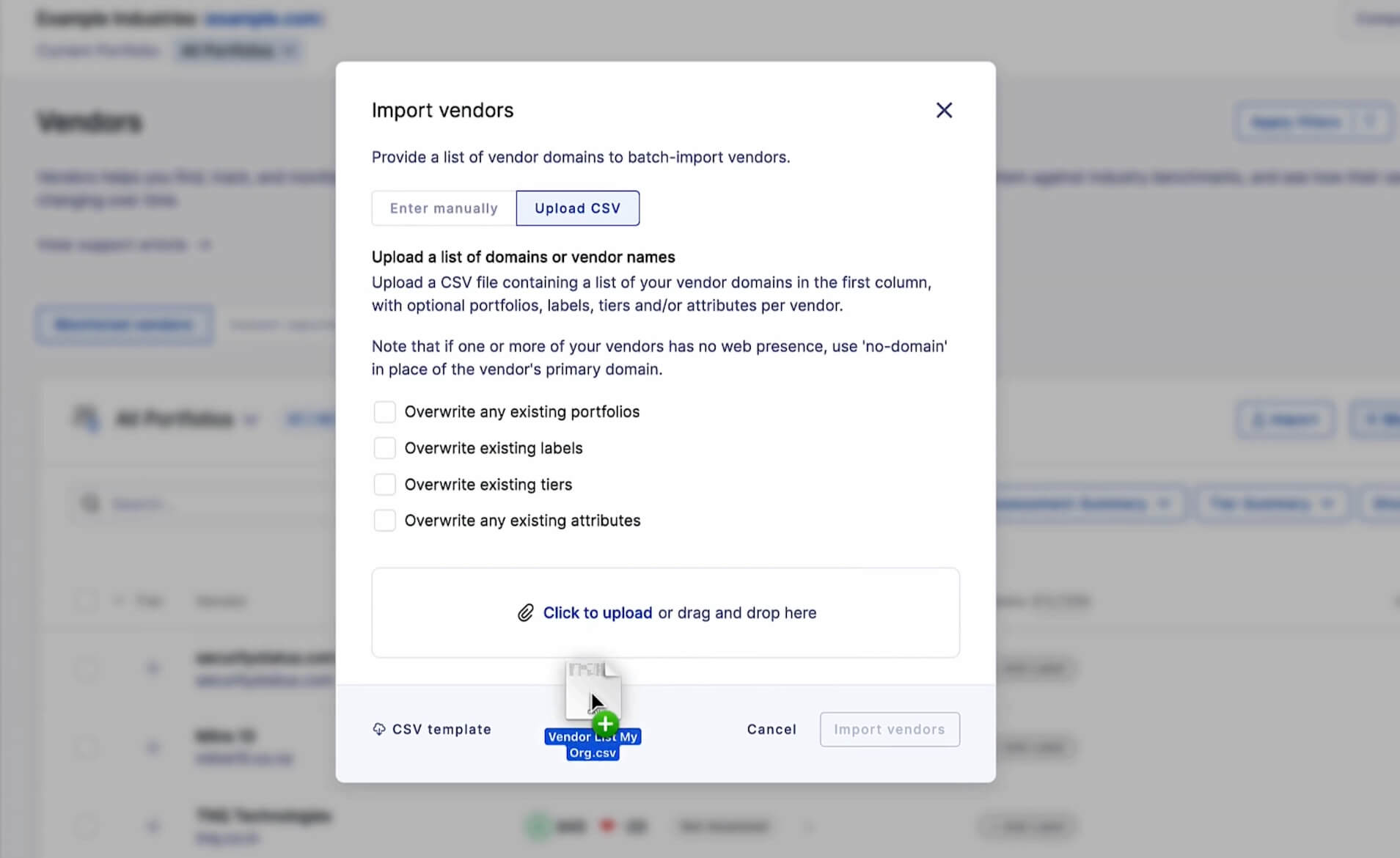 With UpGuard, you can import a list of vendors with custom attributes so that they’re instantly nearly organized in your VRM dashboard.