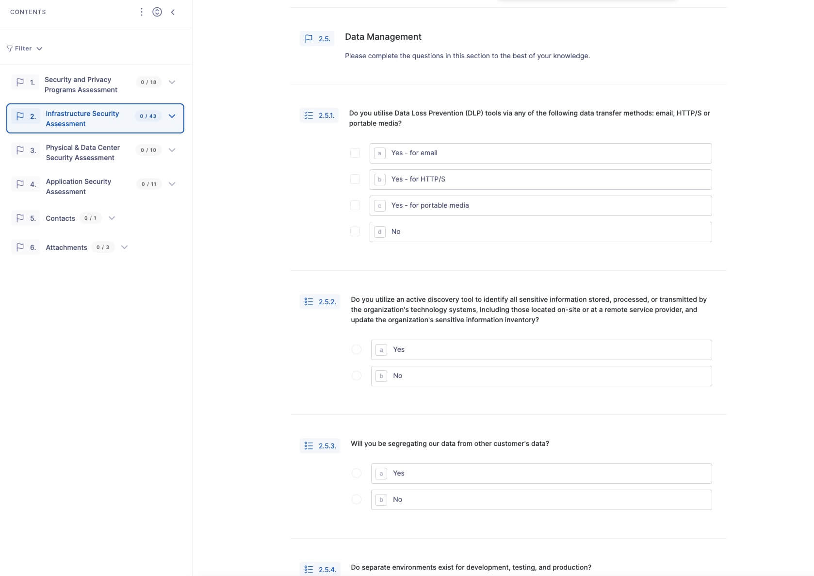 Snapshot of ISO 27001 questionnaire on the UpGuard platform