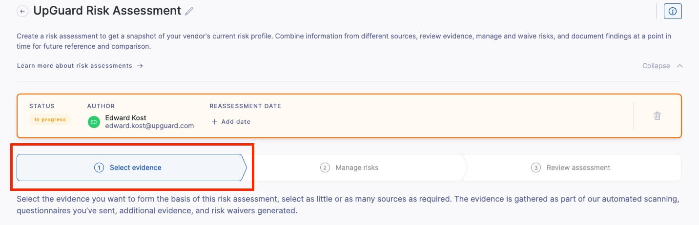 Evidence selection phase in the vendor risk assessment workflow