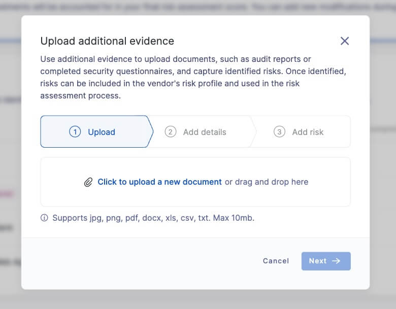 Additional evidence documentation upload workflow on the UpGuard platform.
