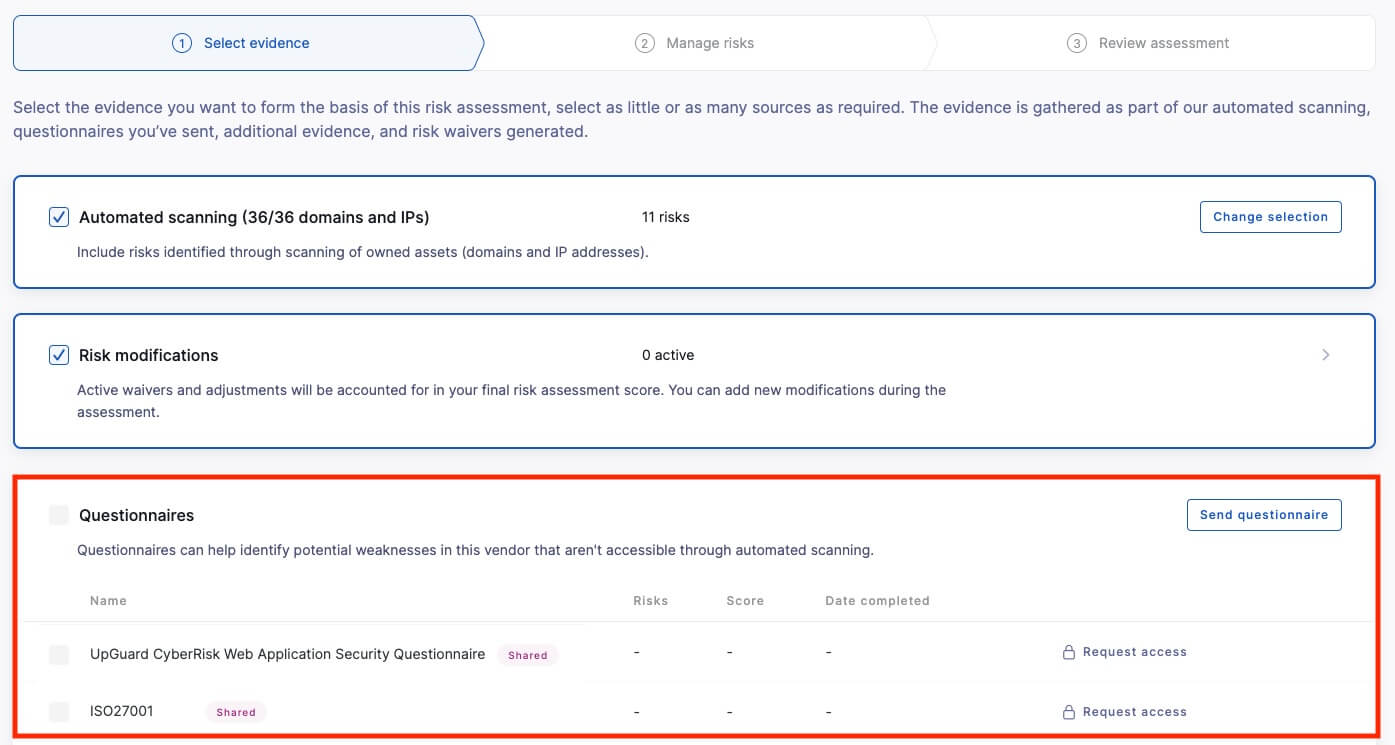A snapshot of the risk management phase of UpGuard’s vendor risk assessment workflow.