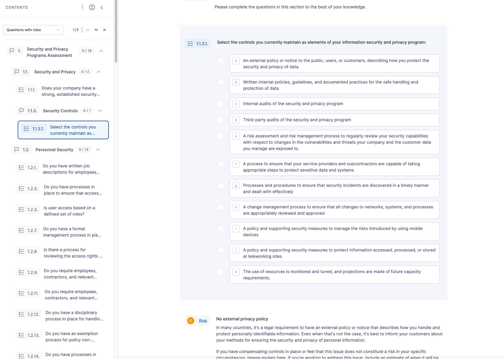Snapshot of NIST 800-53 questionnaire on the UpGuard platform