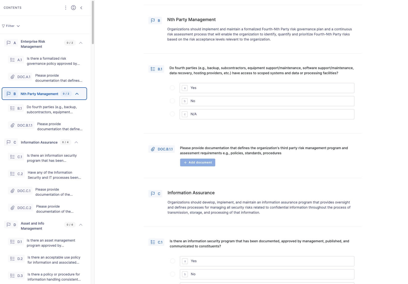 Snapshot of SIG Lite questionnaire on the UpGuard platform