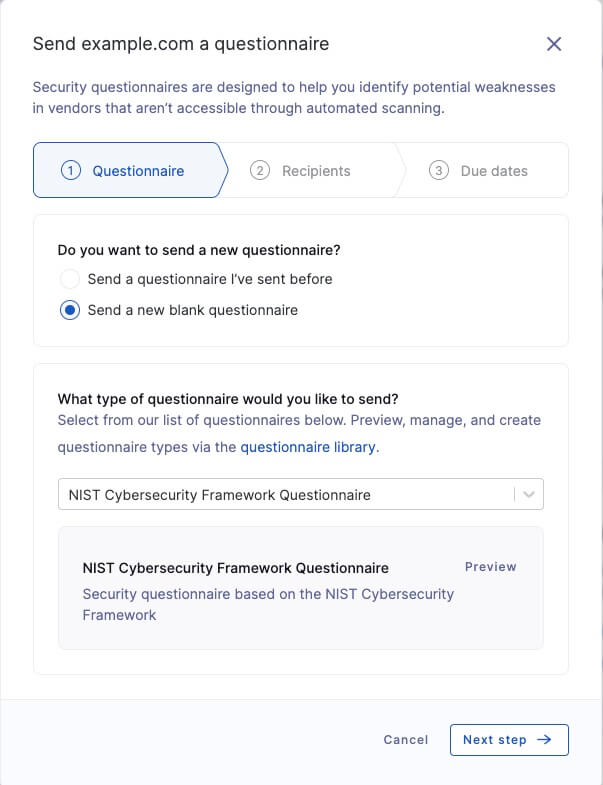 NIST CSF questionnaire on the UpGuard platform.