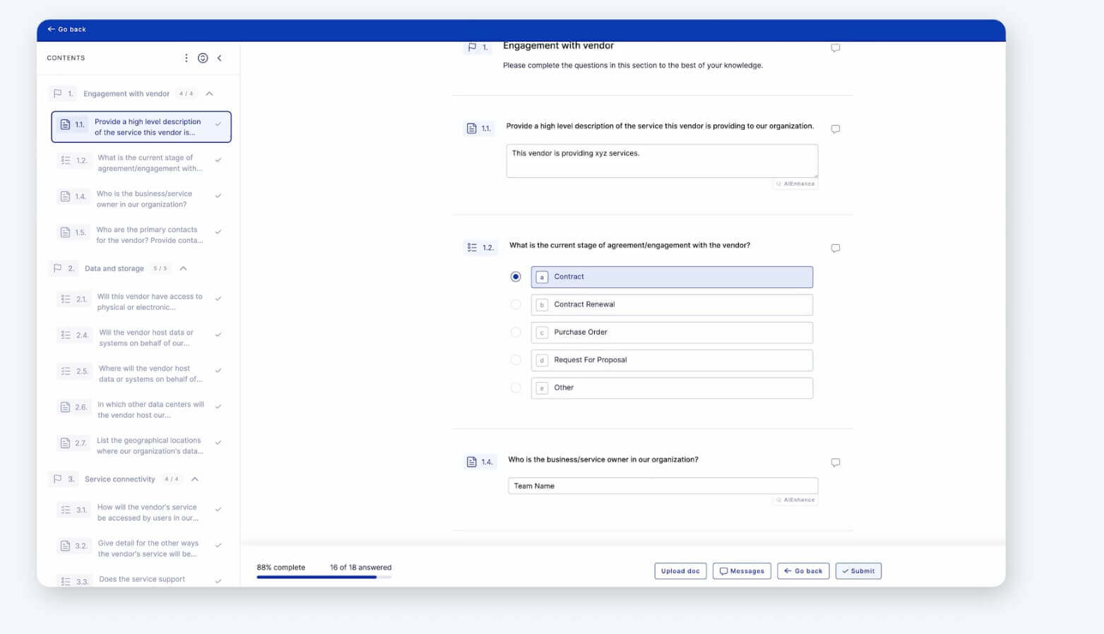 Internal relationship questionnaire on the UpGuard platform.