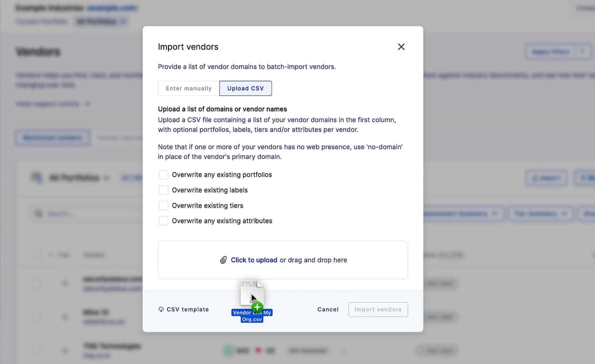 With UpGuard, you can import a list of vendors with custom attributes so that they’re instantly nearly organized in your VRM dashboard.