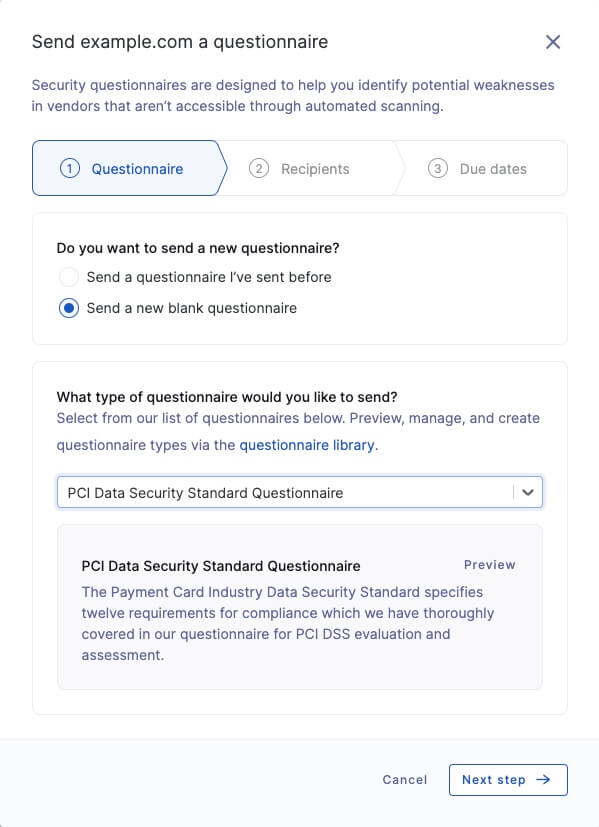 PCI DSS compliance questionnaire on the UpGuard platform.