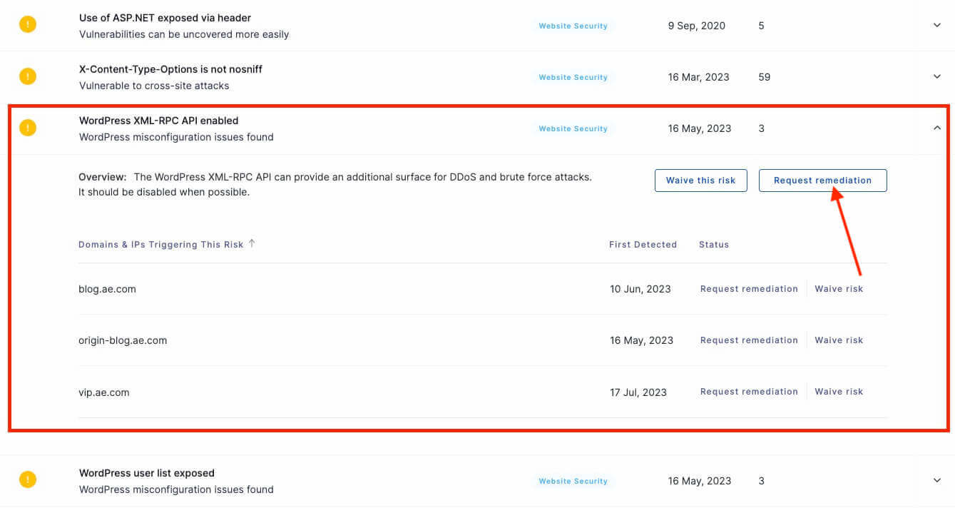 Remediation requests on the upguard platform.