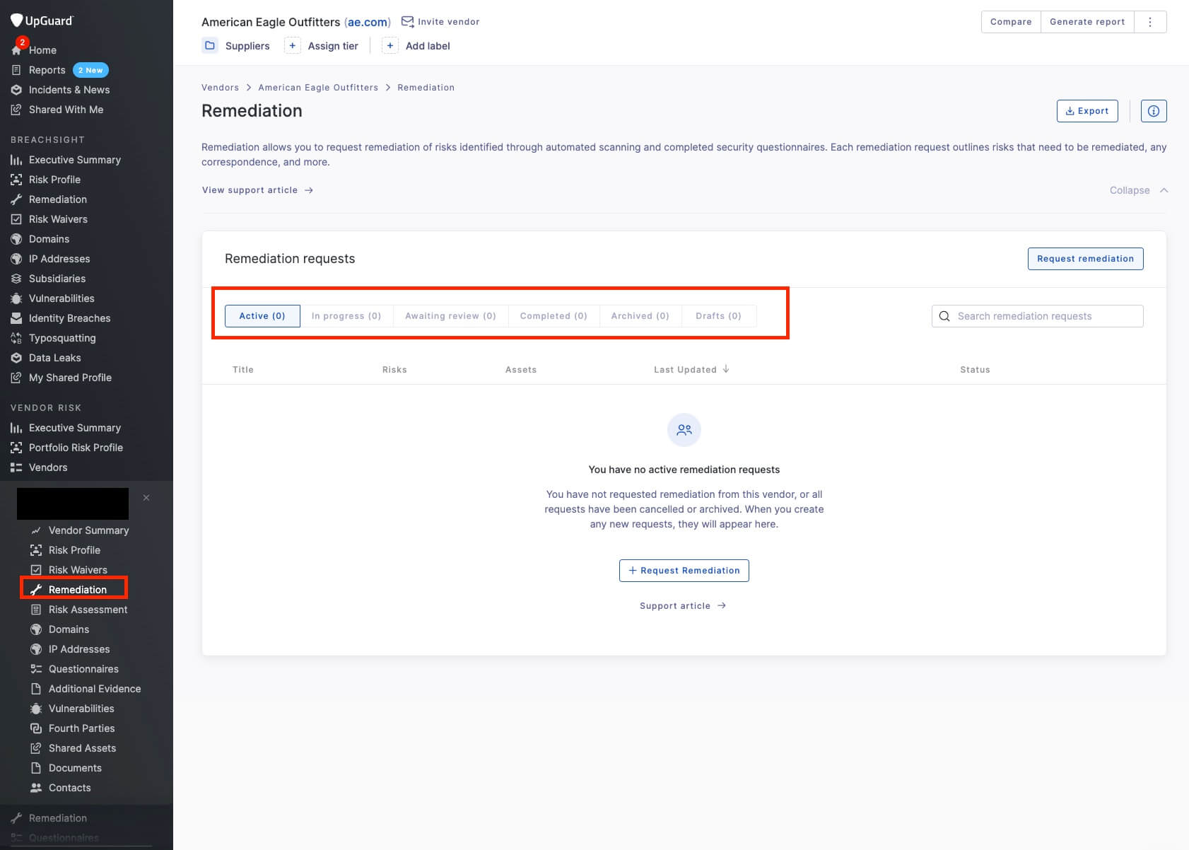 Remediation status tracking on the UpGuard platform.