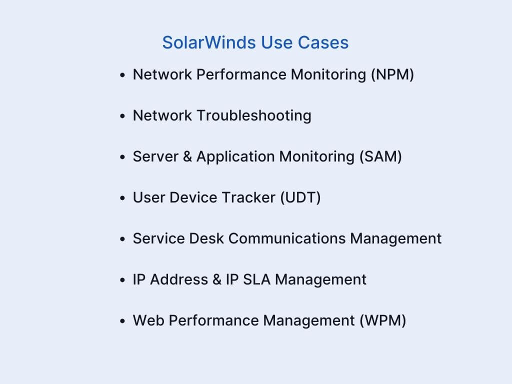 decorative image displaying typical use cases for SolarWinds, including the Orion platform stack