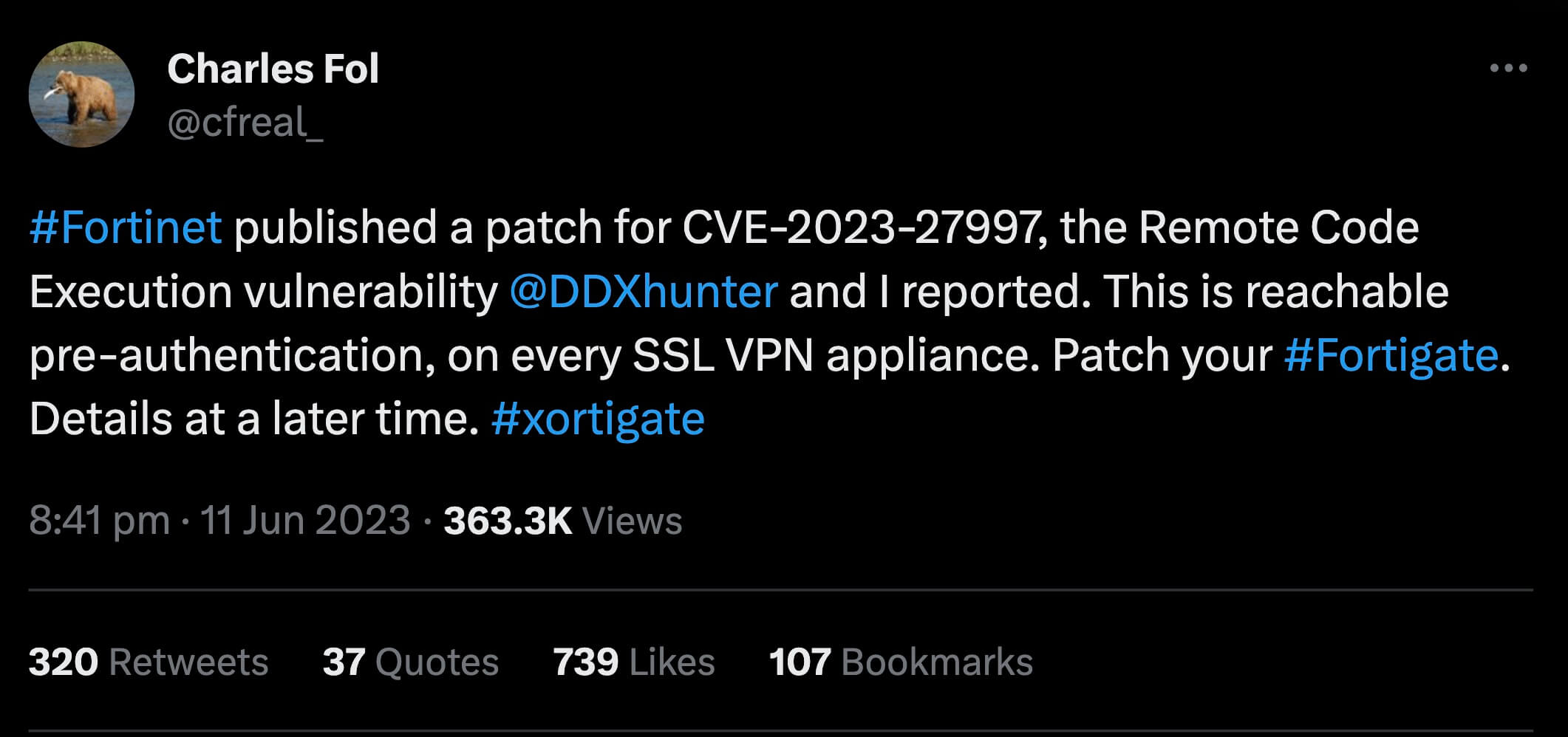 Details about CVE-2023-27997 published by Lexfo Security vulnerability researcher Charles Fol - Source: Twitter