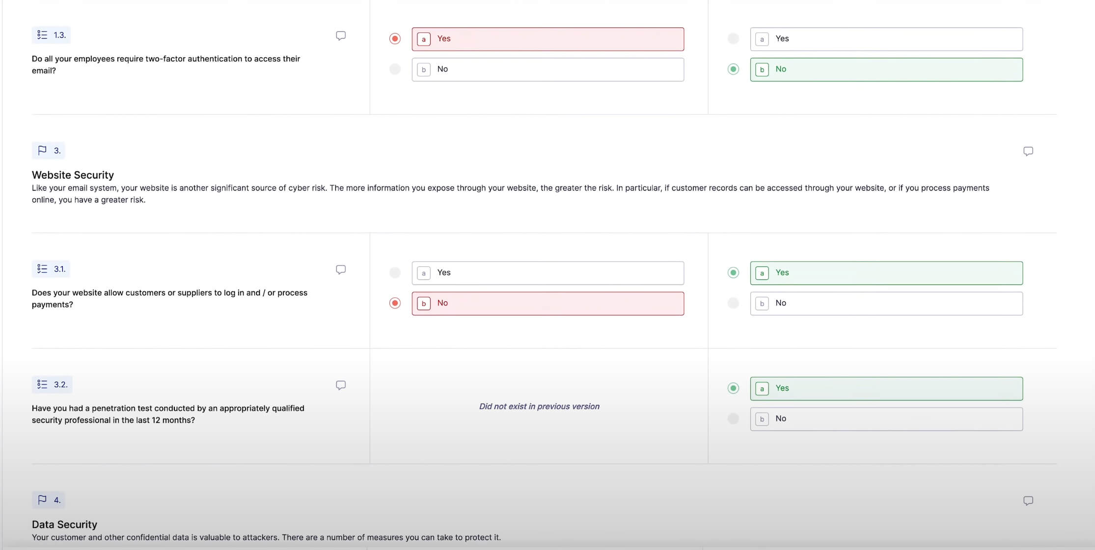 UpGuard’s questionnaire changes view indicating which responses have been modified.