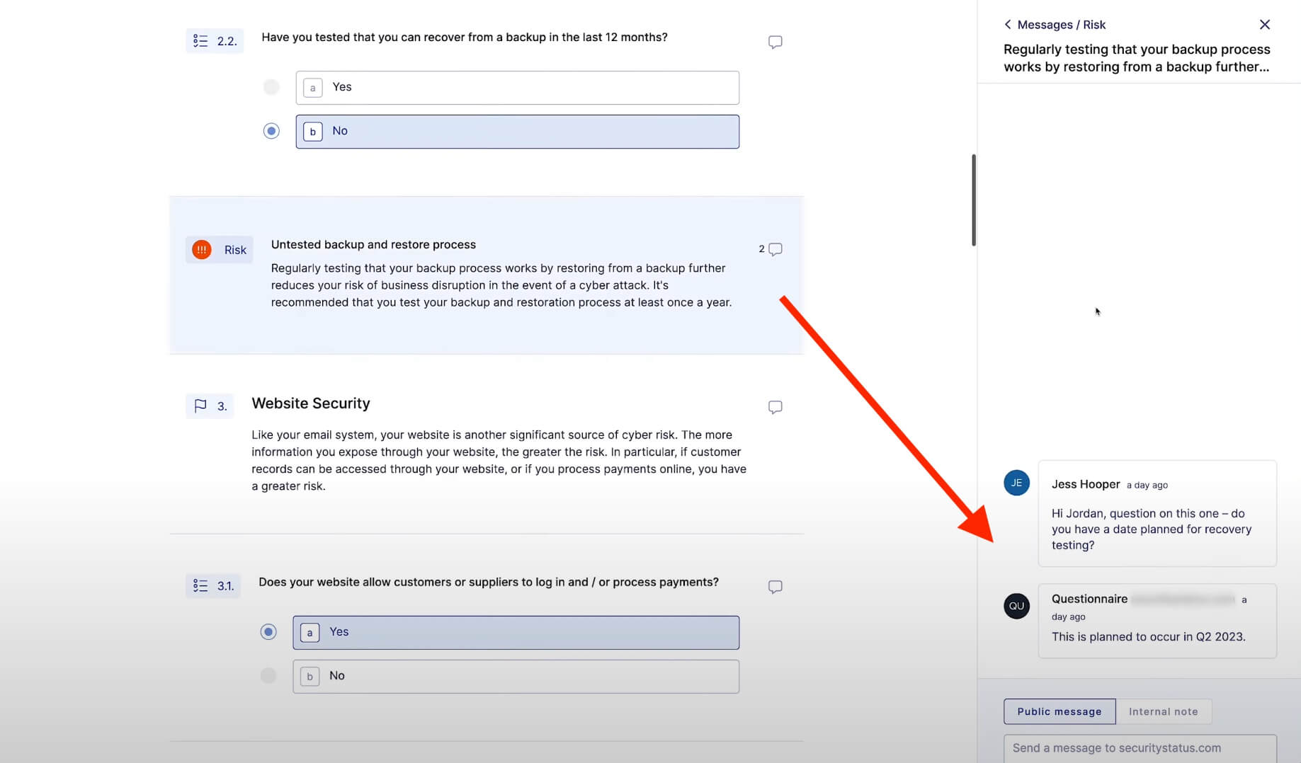 in-line questionnaire feature on the UpGuard platform