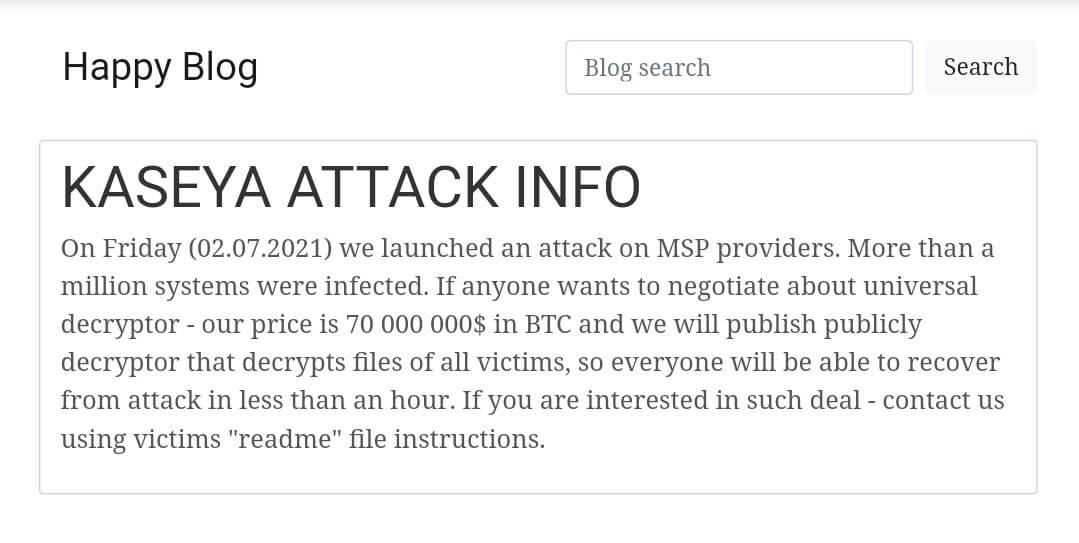 REVil announcing responsibility for Kaseya ransomware attack