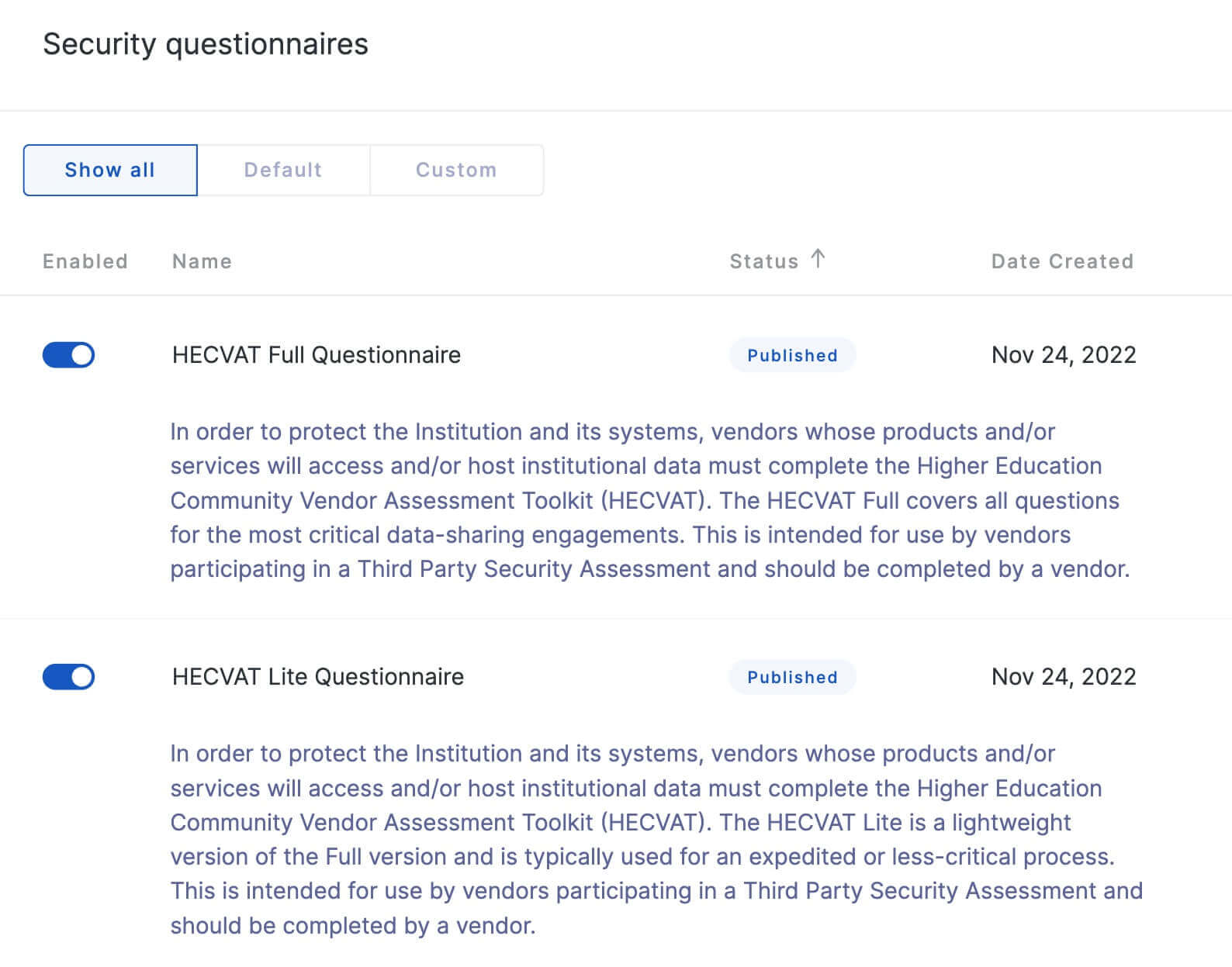 HECVAT security questionnaires on the UpGuard platform