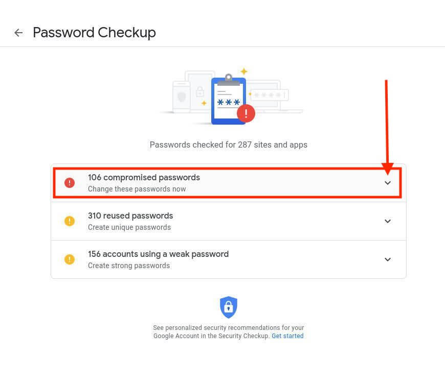 arrow pointing to drop down arrow on the compromised passwords segment in google's password checkup feature