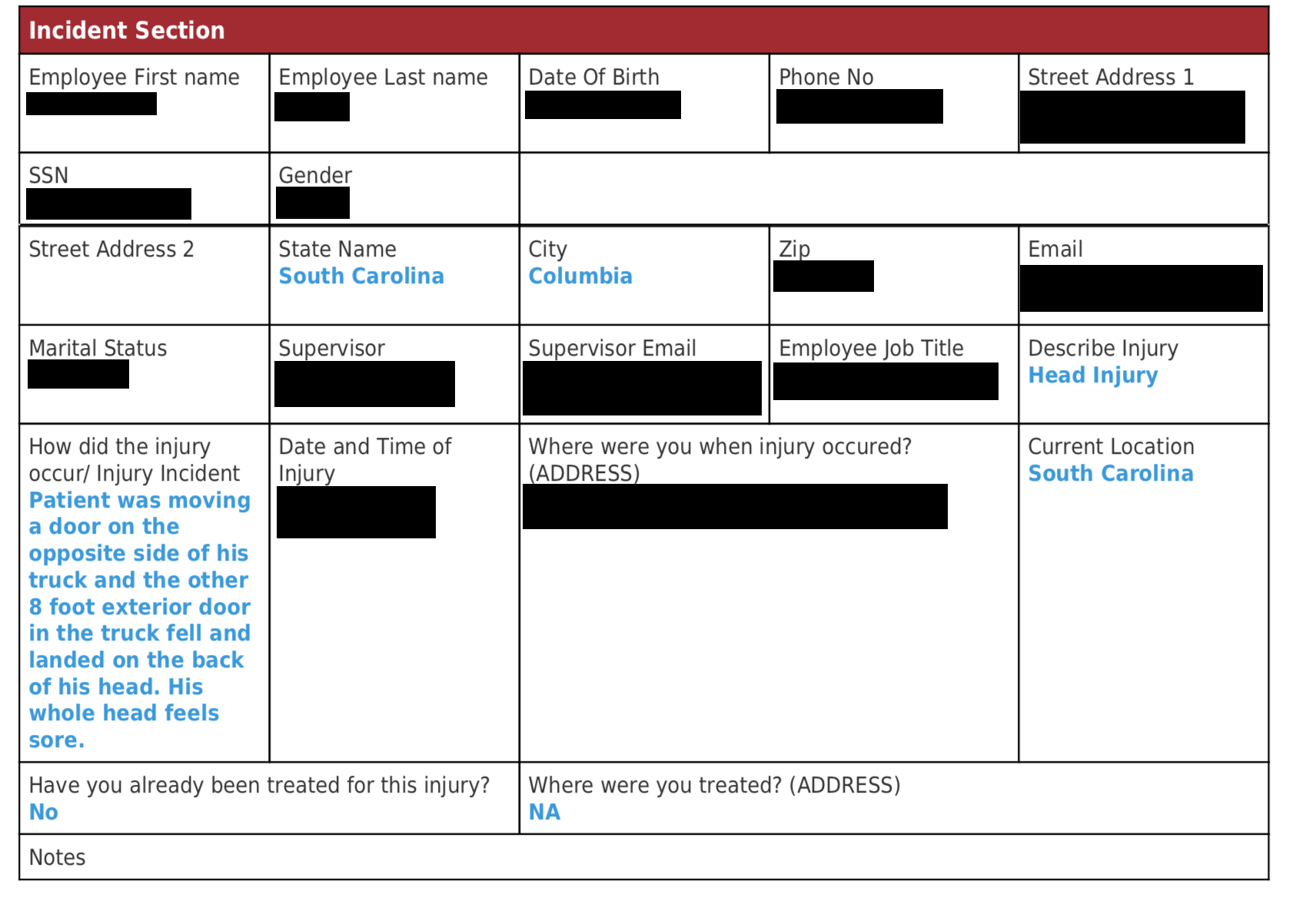 Redacted example of a Medcall Intake form.