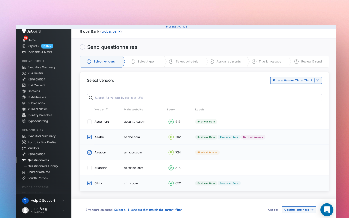 Send a questionnaire to multiple vendors at once