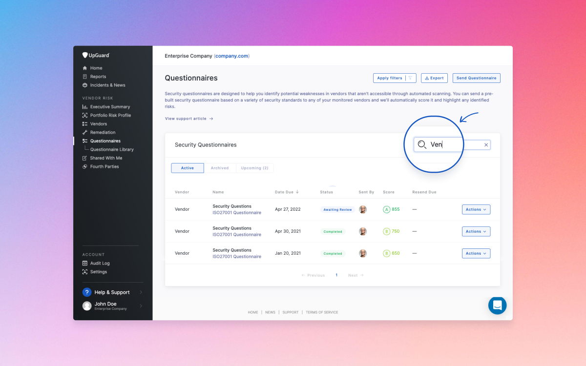 Search and filter questionnaires
