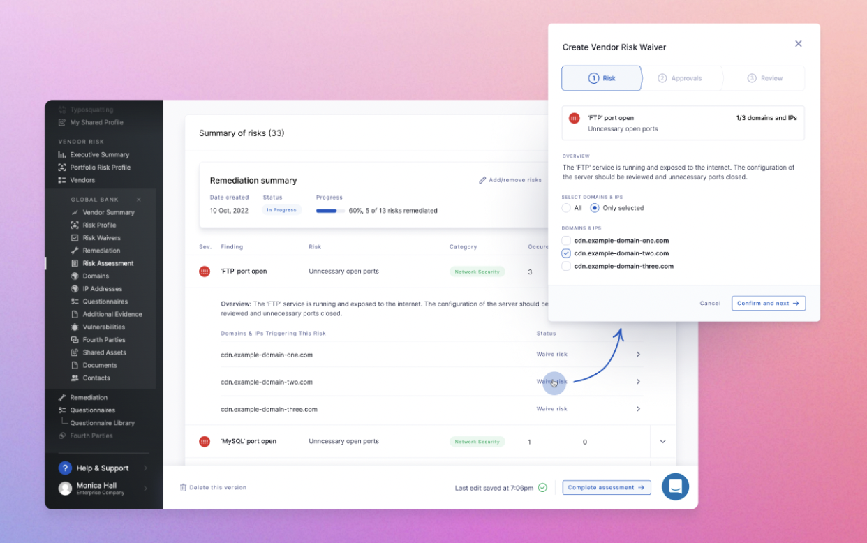 Risk waivers added to the risk assessment workflow