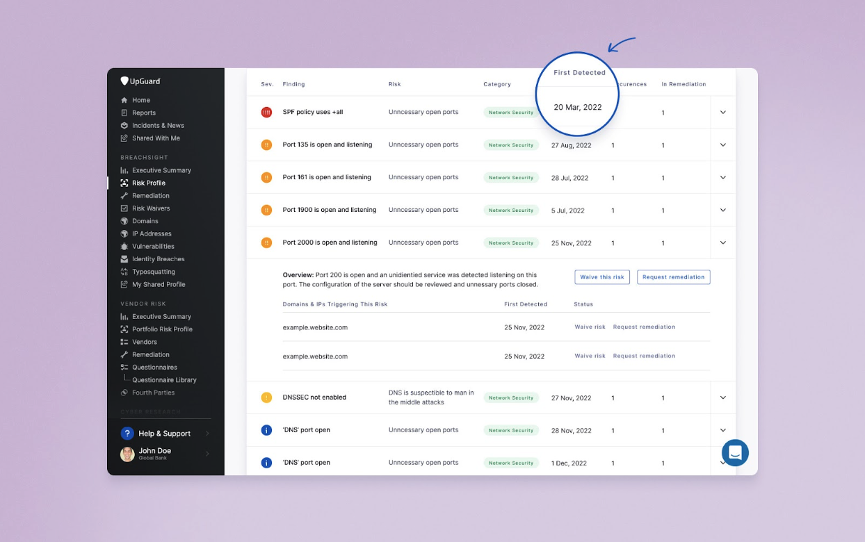 Enhancements to risk profile to show the date a risk was found