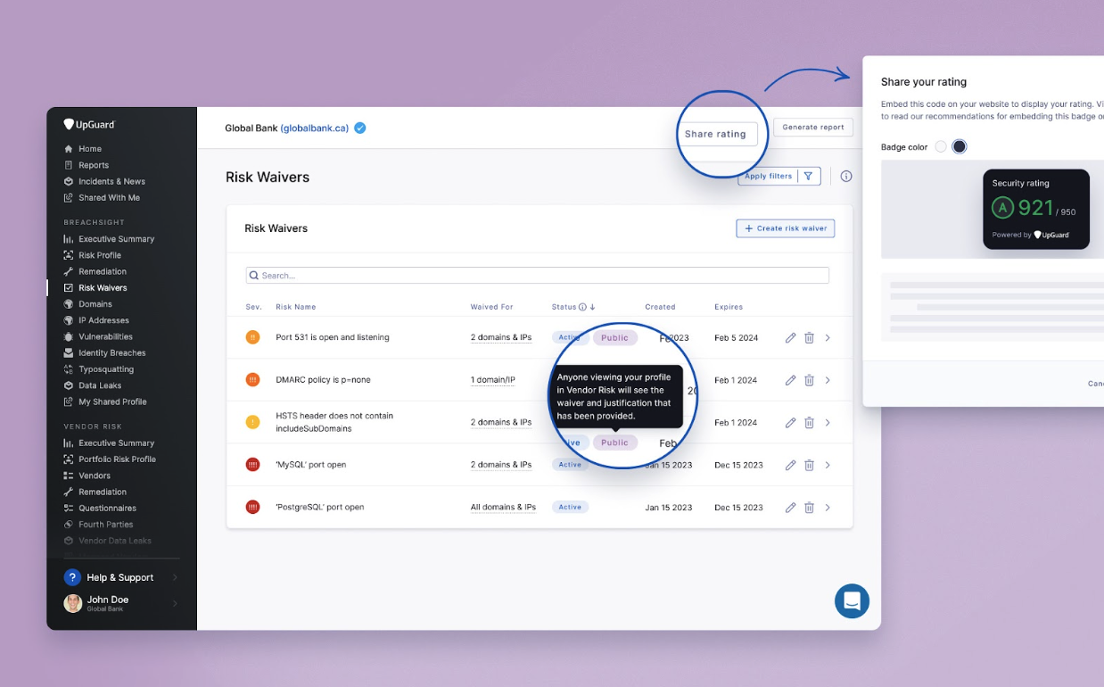 Promote your security posture by sharing your UpGuard security rating and risk waivers