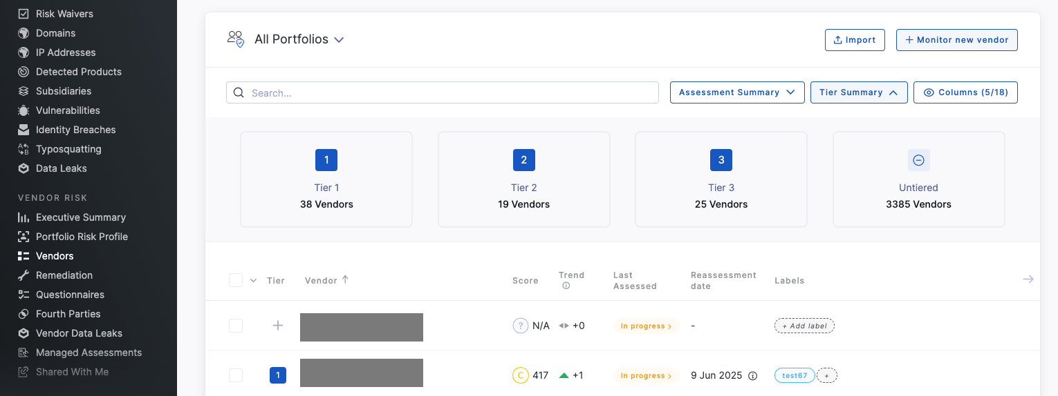 Vendor tiering feature on the UpGuard platform.