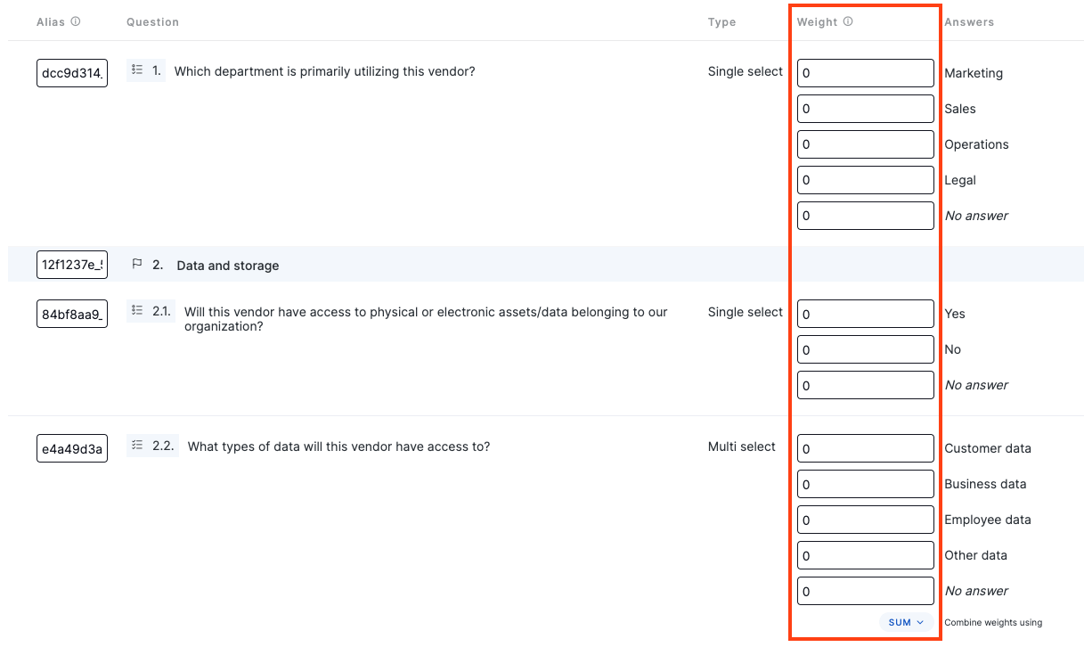 Questionnaire weight value fields on the UpGuard platform.
