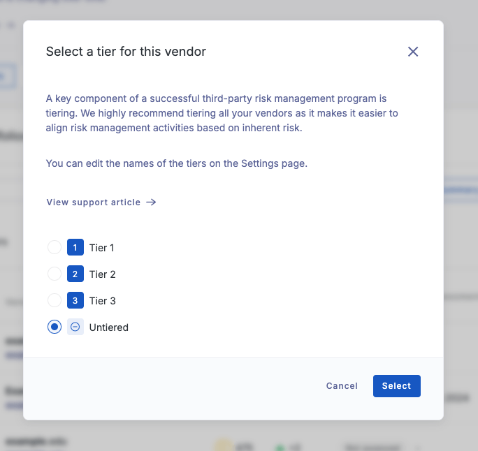 Manually selecting a vendor tiering option on the UpGuard platform.