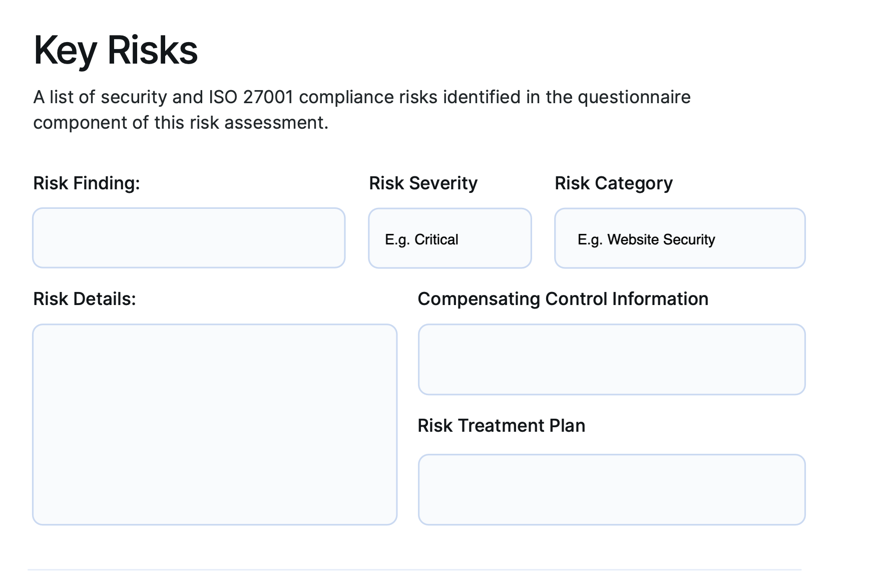 Key risk category section of a NIST CSF risk assessment template.