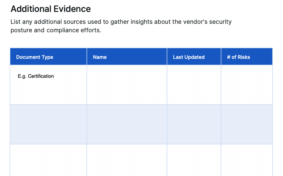 Additional evidence section of a DORA risk assessment template.