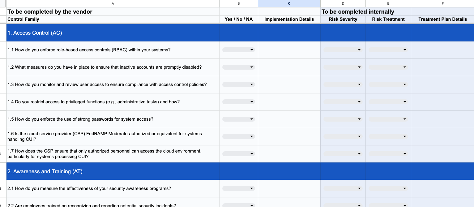 Example of a NIST 800-171 questionnaire template.
