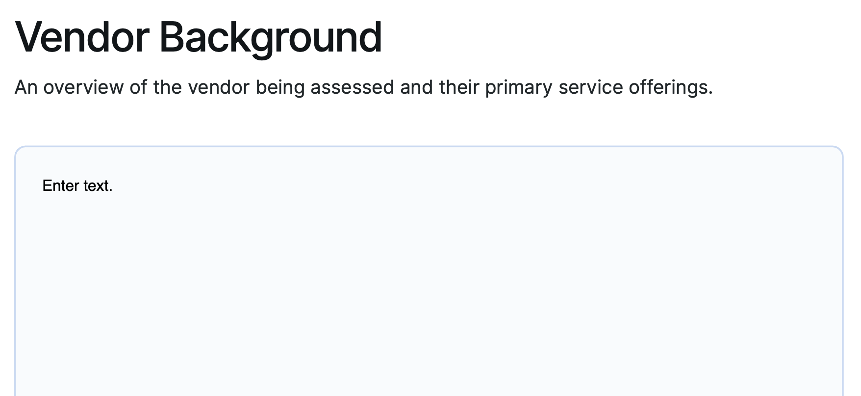 Vendor background section of a NIST 800-53 risk assessment template.