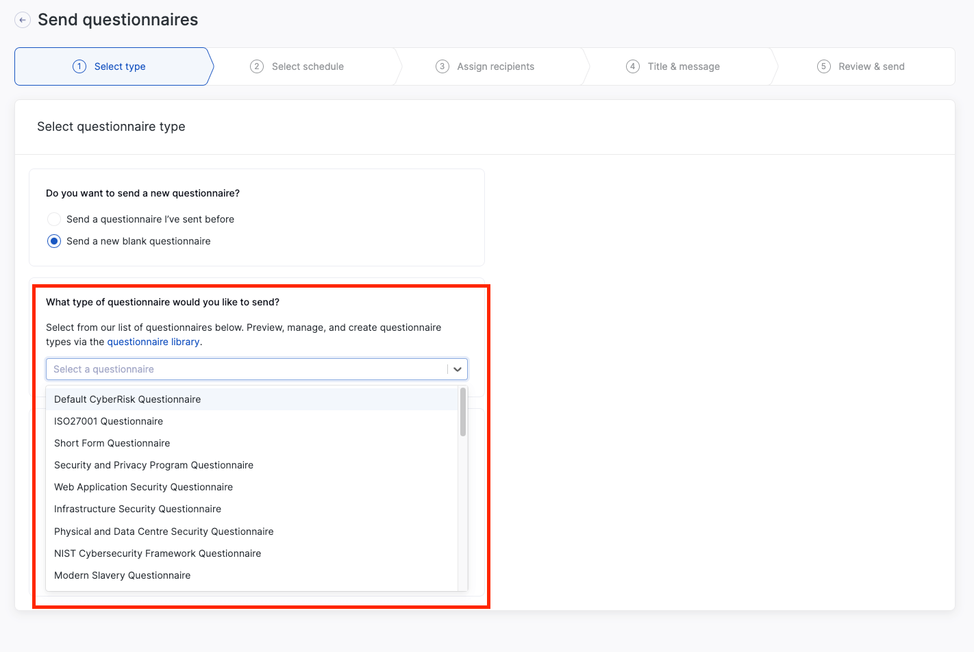 A snapshot of some of the questionnaire templates available on the UpGuard platform.