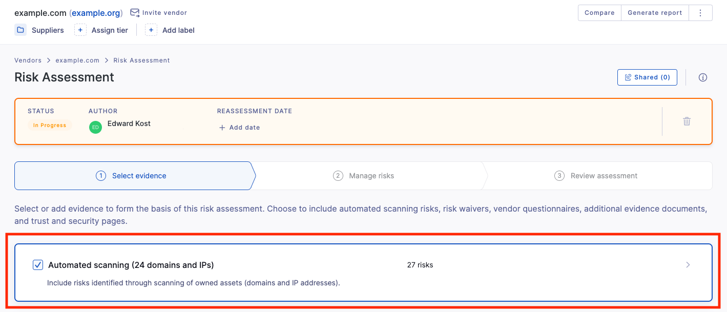 Initial level of third-party risks automatically detected through attack surface scanning.