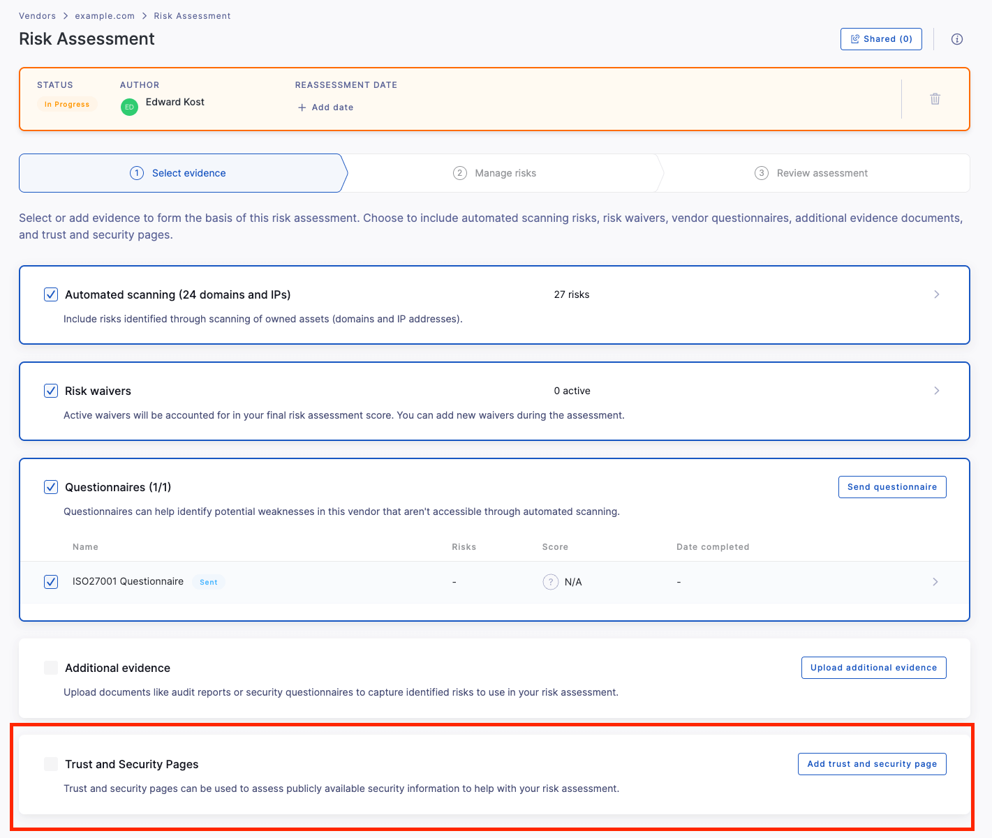 The option of appending trust and security page information to third-party entity profiles on the UpGuard platform.