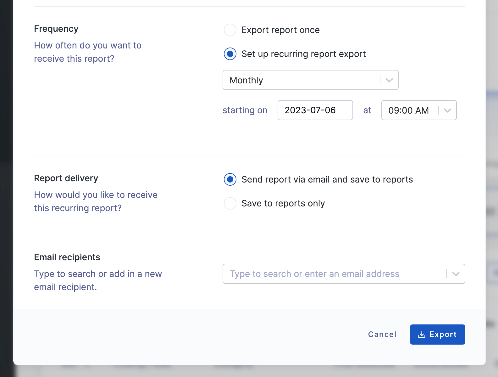 Recurring cyber report frequency setting in the UpGuard platform.