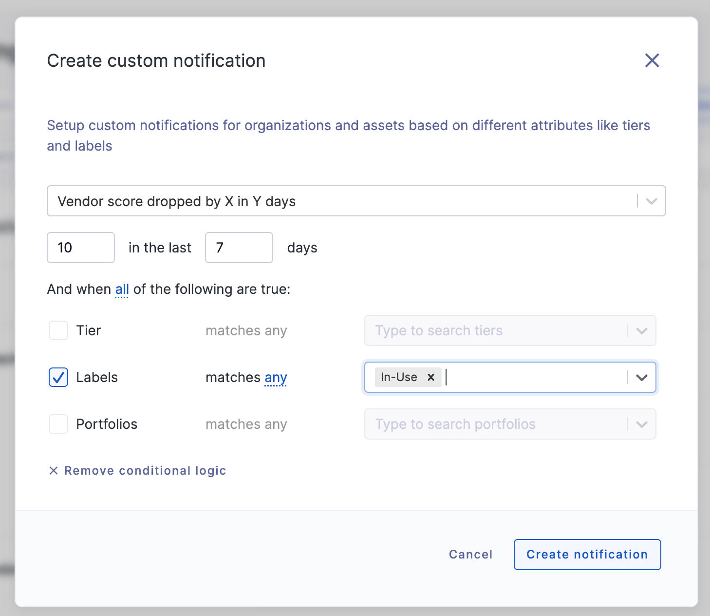An example custom notification workflow that notifies users when a vendor’s score drop by 10 points in 7 days.