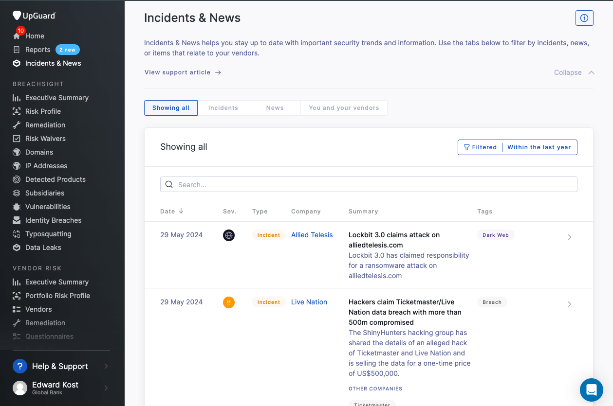 UpGuard’s incident and news feed feature tracks publicly disclosed cybersecurity events impacting you and your vendors, automatically assigning each event a severity rating.